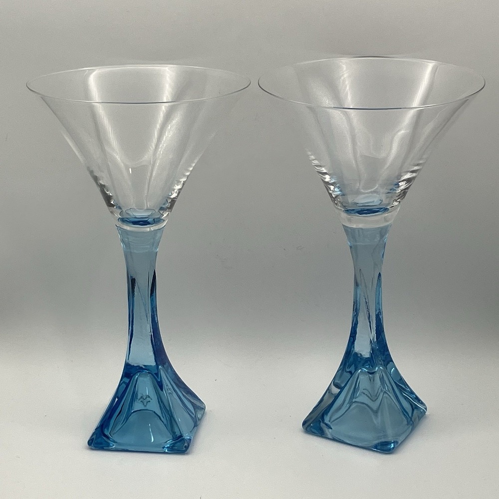2 - Bombay Sapphire Hand Blown Martini Glass Clear / Sapphire Colored Stem